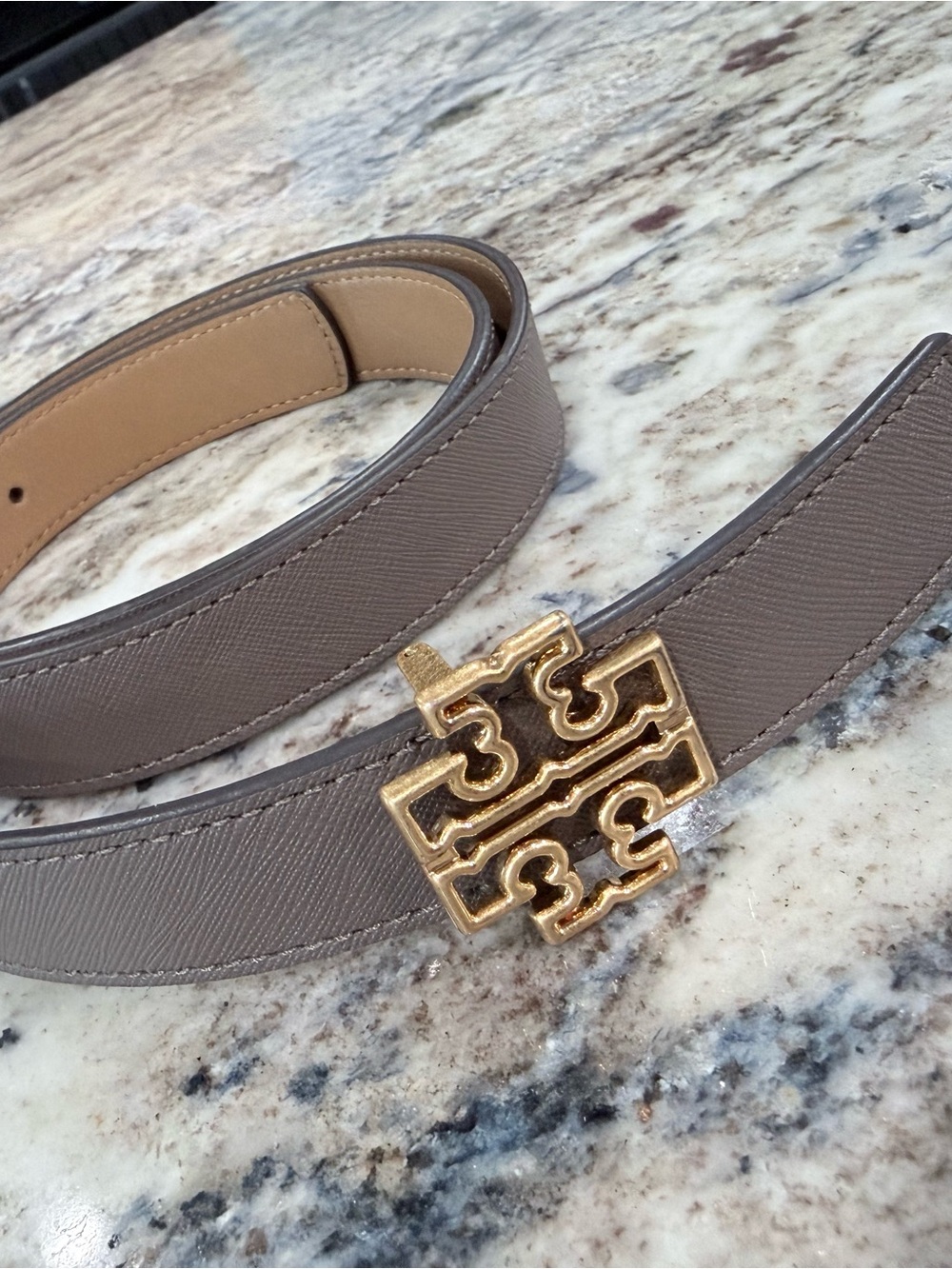 Tory Burch Taupe Leather Belt with Gold Logo Buckle